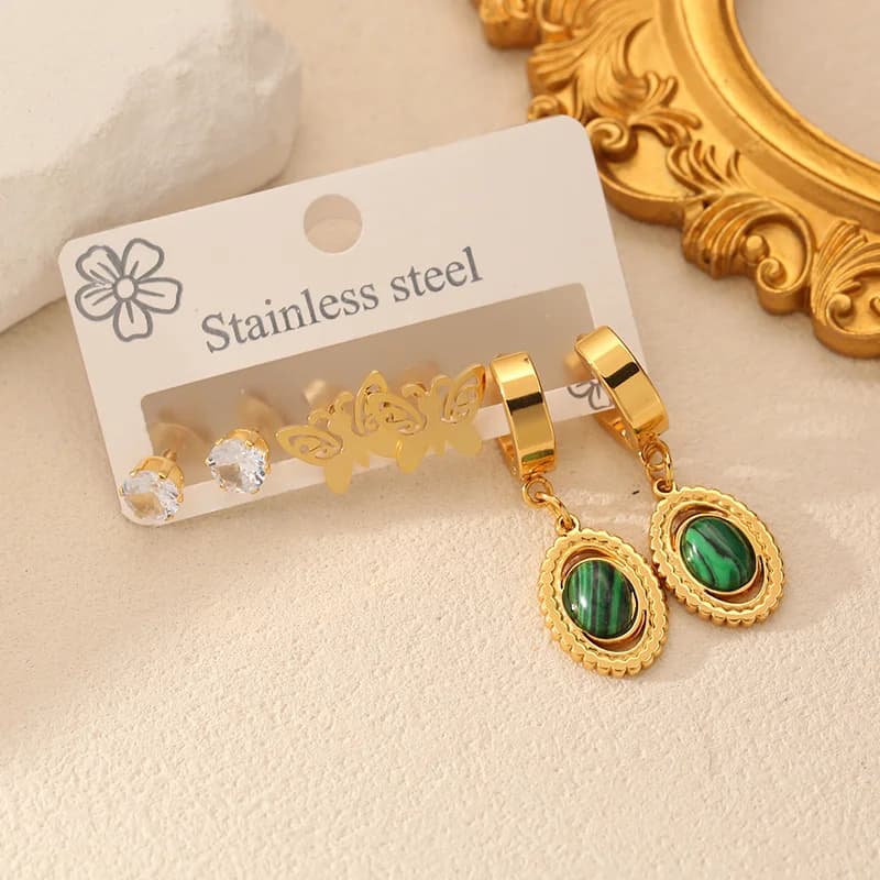 Lot de 3 Paires de Boucles d'Oreilles Studs Papillon en Pierre Verte Ovale