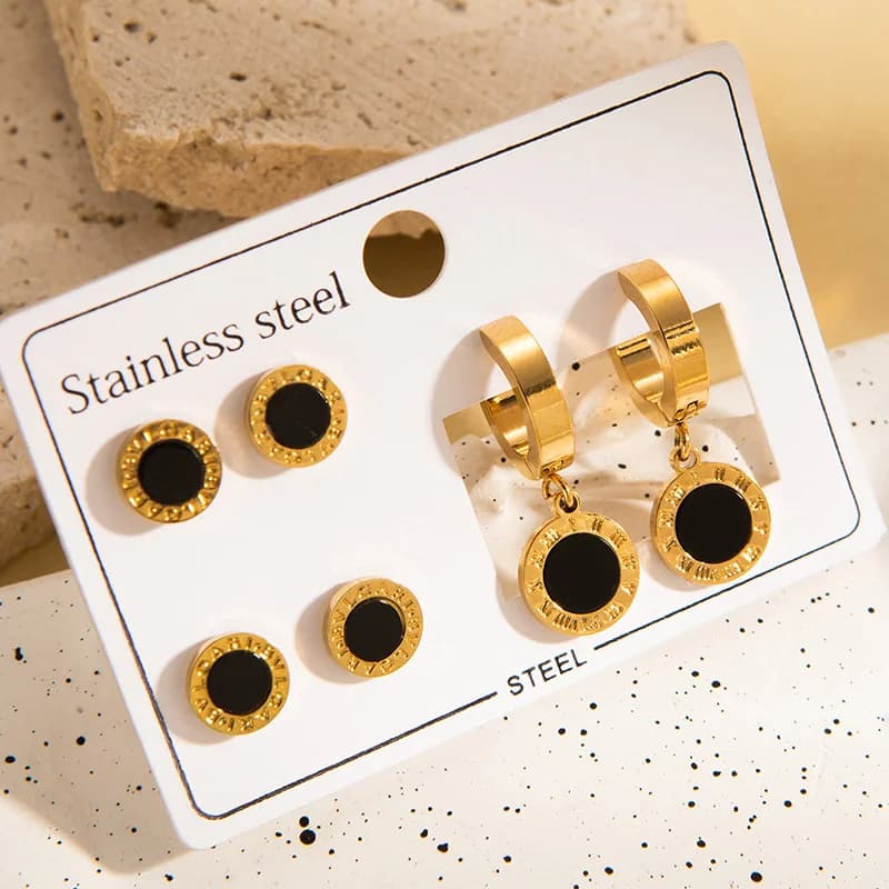 Ensemble de 3 paires de boucles d'oreilles rondes avec chiffres romains noirs