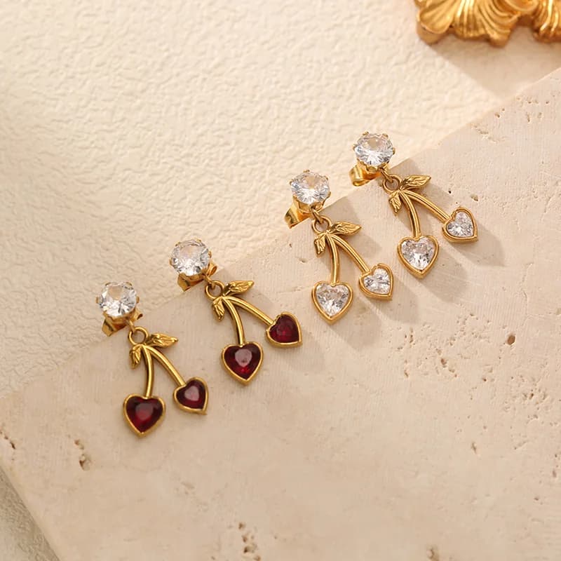 Boucles d'Oreilles Puces Cerise Zircon, Acier Inoxydable Étanche