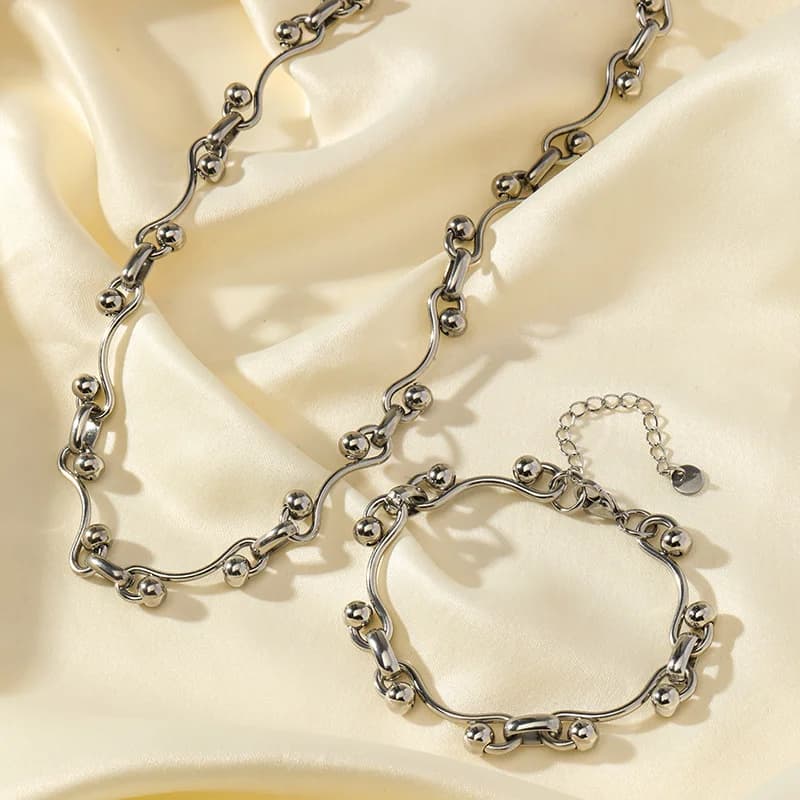 Parure Chaîne Perles Argent Acier Inoxydable 316L