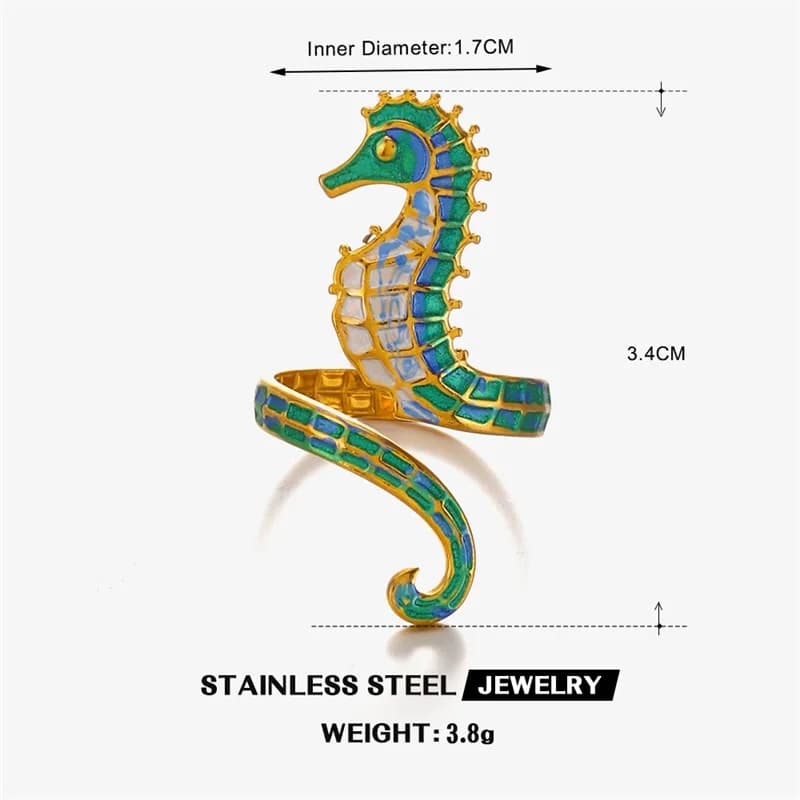 Bague Réglable Ouverte Hippocampe Émaillé