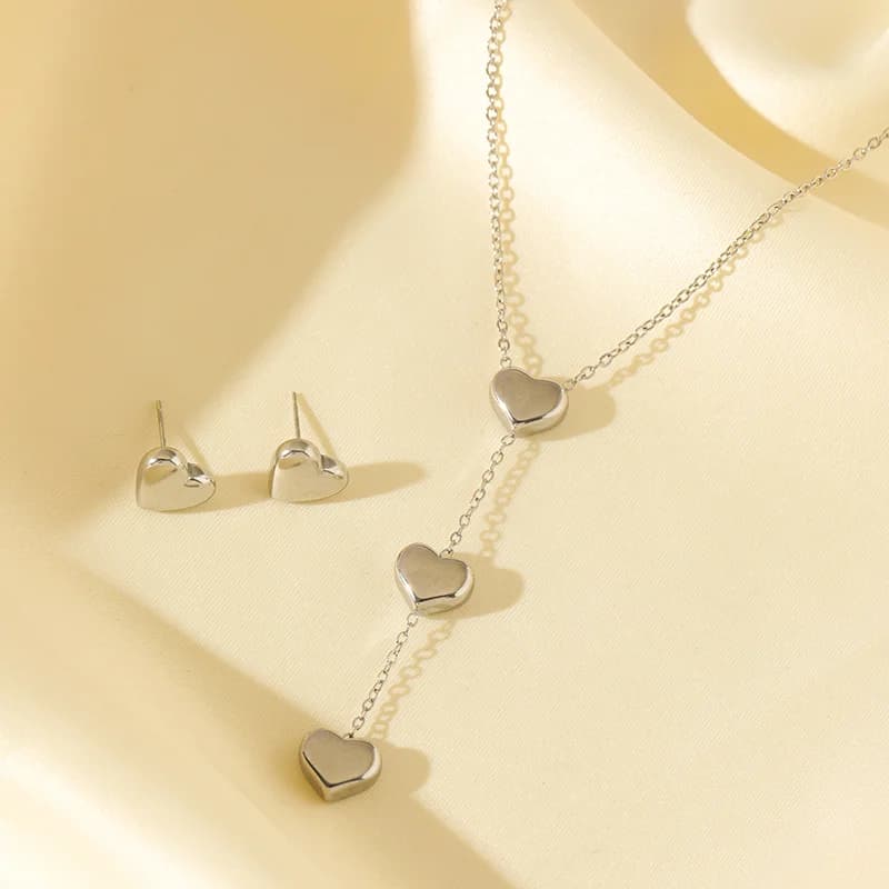 Parure cœur brillant collier et boucles d'oreilles, argent