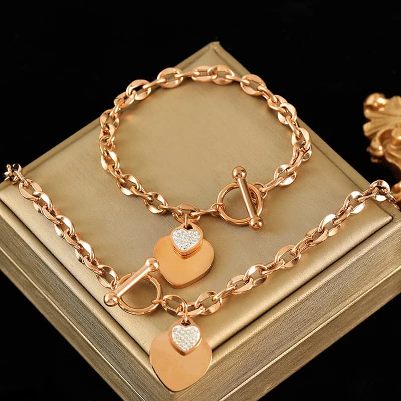 Parure collier et bracelet double cœur, argent