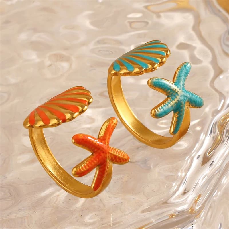 Bague réglable étoile de mer et coquillage en émail, acier inoxydable