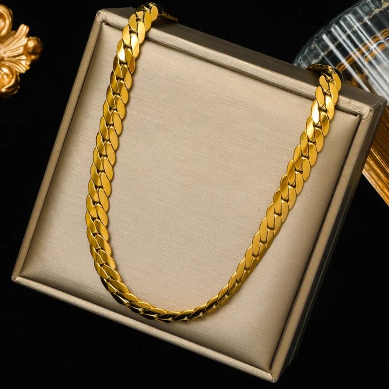 Ensemble Collier et Bracelet à Chaîne Plate Large Dorée