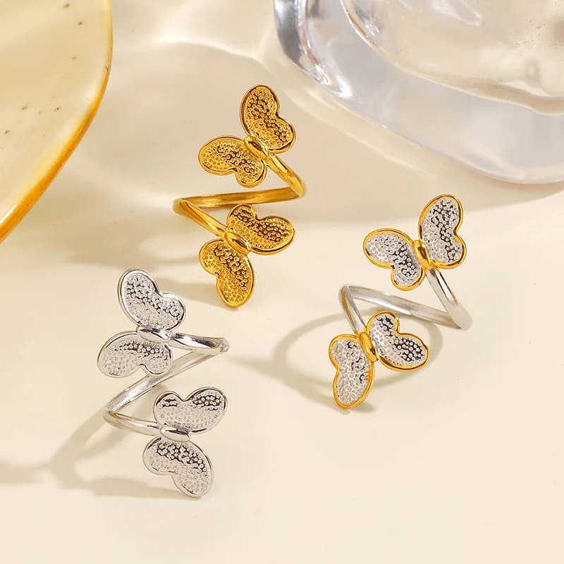 Bague ajustable en acier inoxydable motif papillon