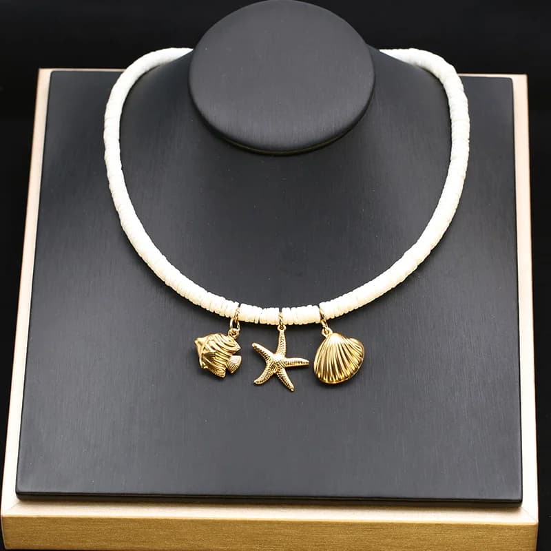 Collier pendentif étoile de mer et coquillage, style océan