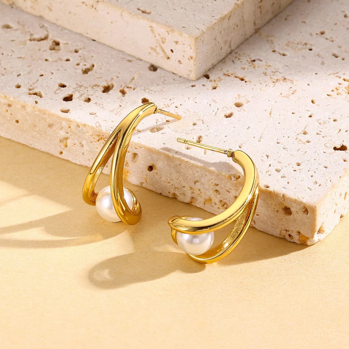 Créoles Pendantes à Perles, Plaqué Or 18K