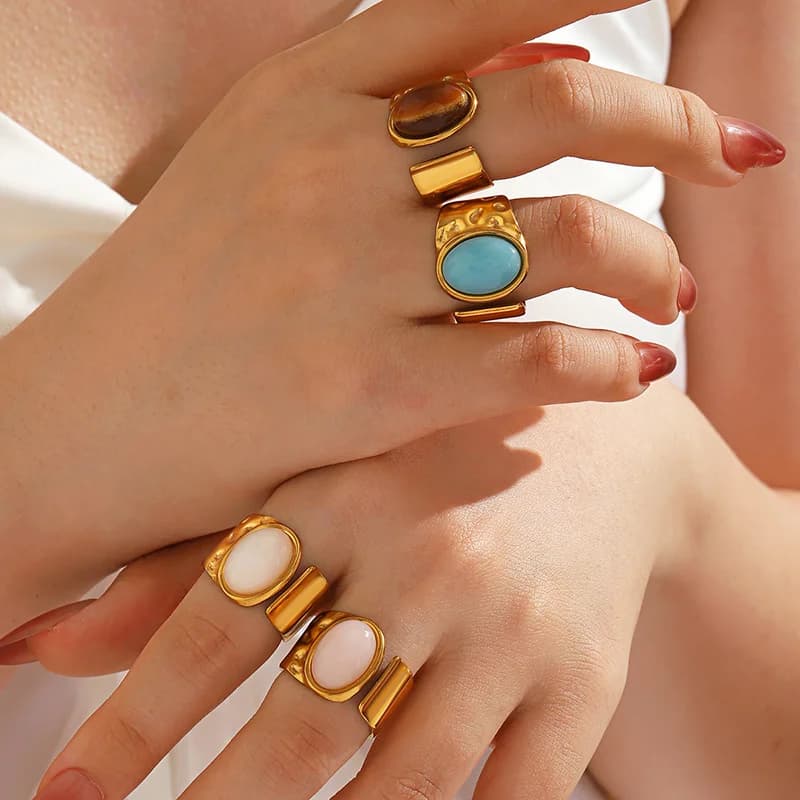 Bague ajustable vintage ovale en pierre, acier inoxydable