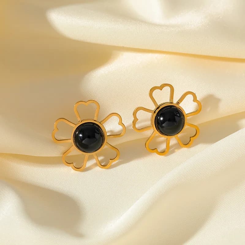 Parure Collier et Boucles d'Oreilles Fleur Pierre Noire