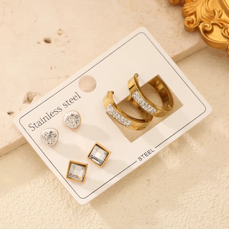 Parure Boucles d'Oreilles Créoles et Puces en Zircon Étincelant