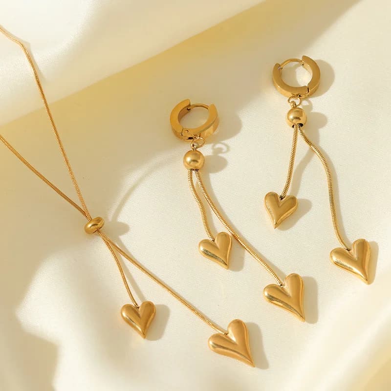 Boucles d'oreilles pendantes longues à double cœur, acier inoxydable 316L