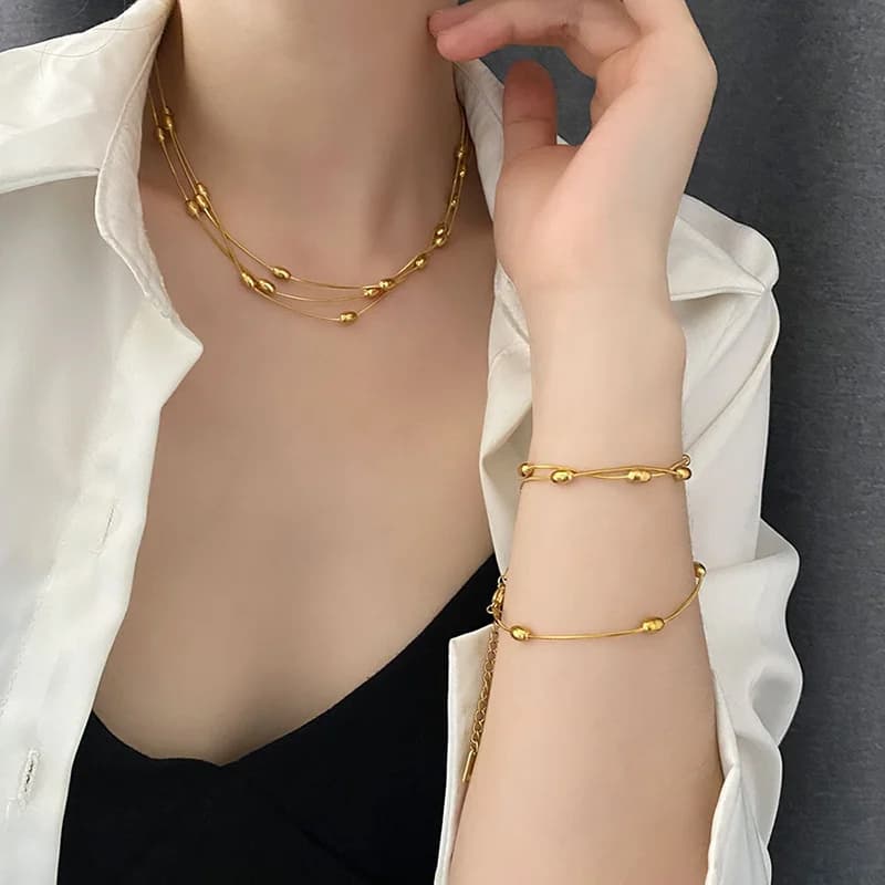 Collier multicouche en acier inoxydable, Or/Argent