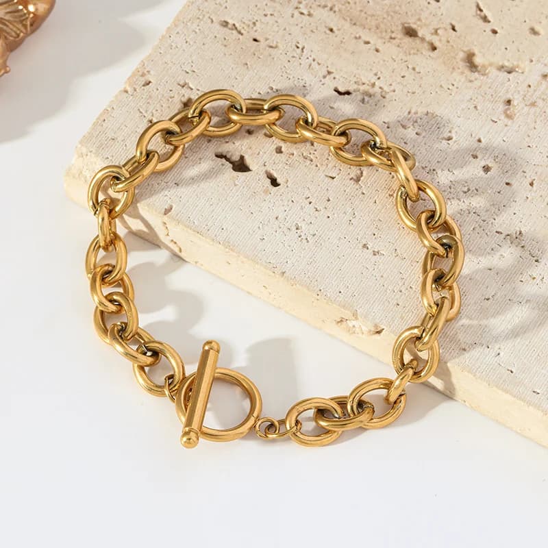 Bracelet chaîne maillons épais, fermoir OT, texturé
