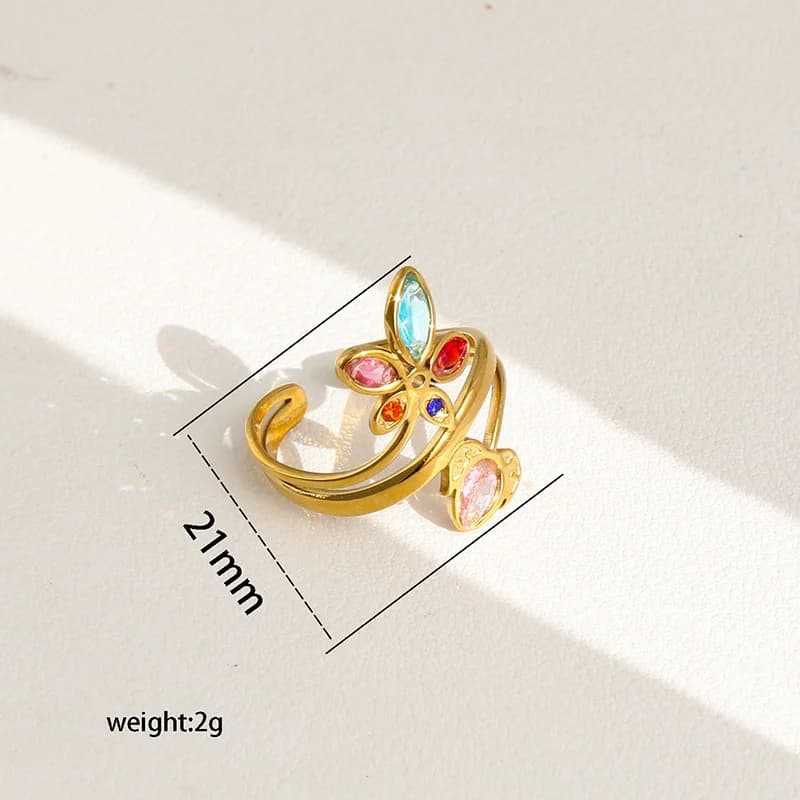 Bague ajustable feuille scintillante en zircons et acier inoxydable