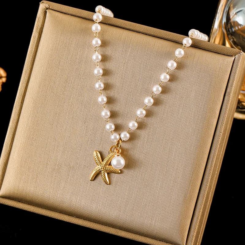 Collier Pendentif Acier Inoxydable Soleil Étoile de Mer Coquillage
