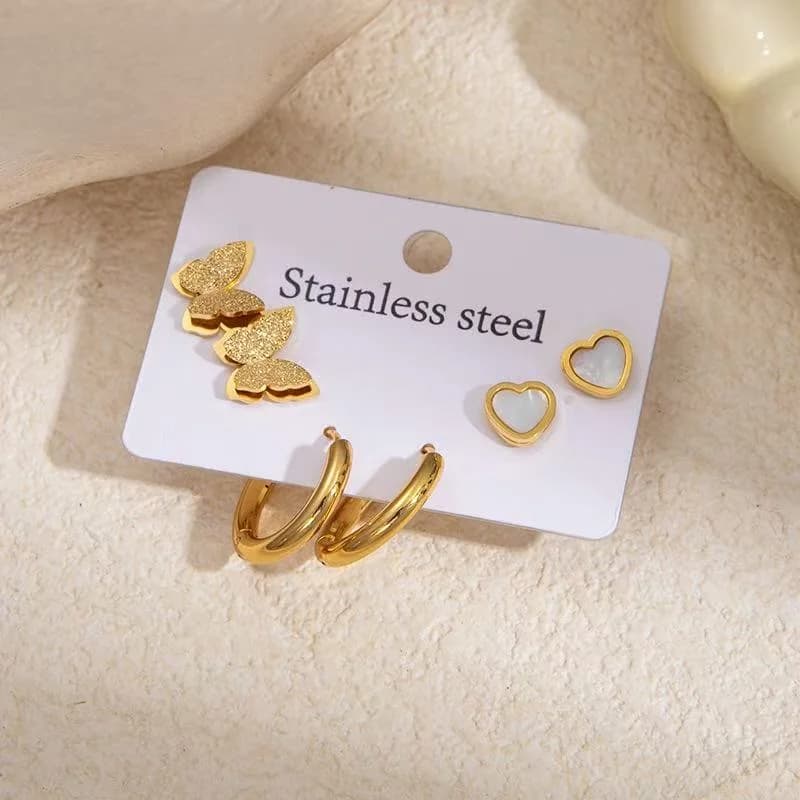 Lot de 3 Paires de Boucles d'Oreilles Puces Papillon, Cœur et Cercle
