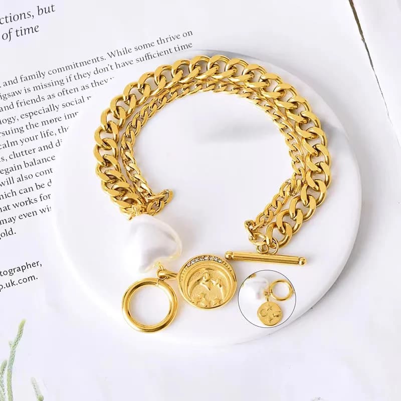 Bracelet charms cœur et soleil, or, placage PVD