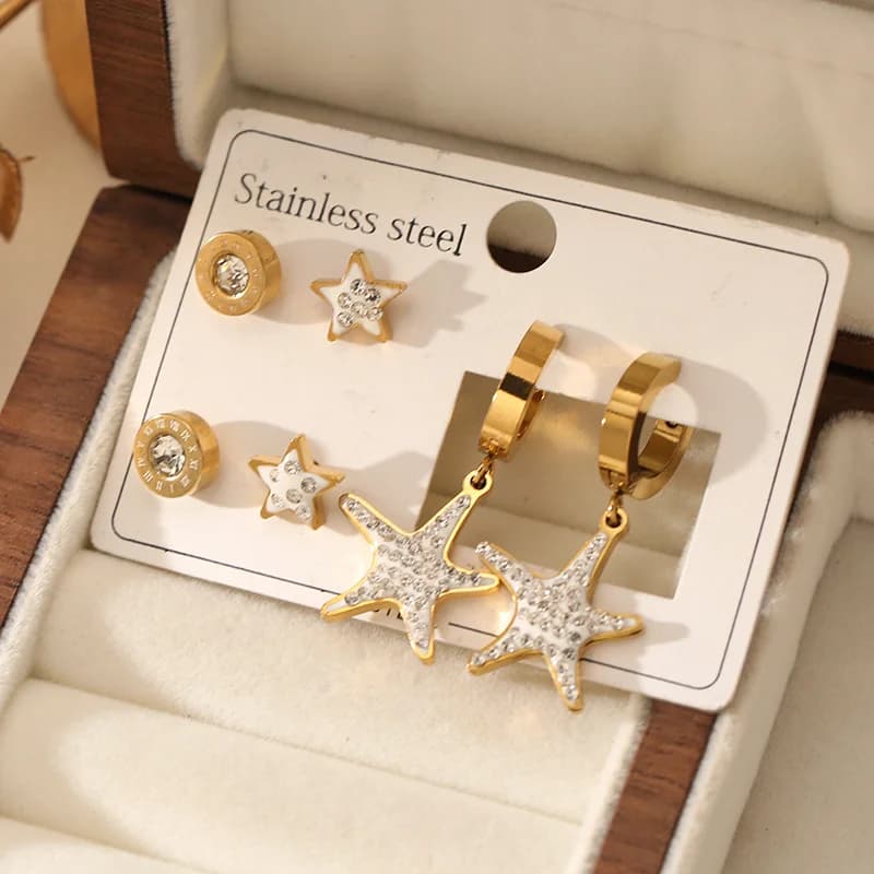 Lot de 3 Paires de Boucles d'Oreilles Puces Étoile à 5 Branches en Zircons