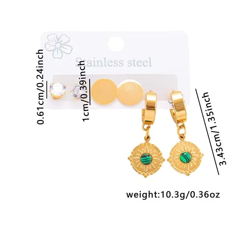 Lot de 3 Paires de Boucles d'Oreilles Pendantes Vintage en Pierre Verte