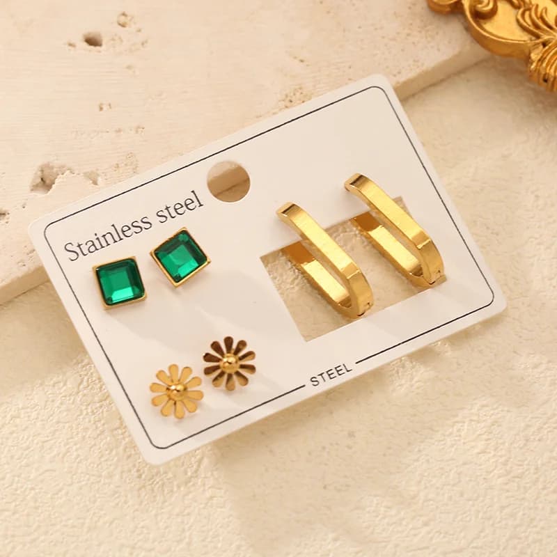Set de Boucles d'Oreilles Fleurs en Zircons Verts (3 Paires)