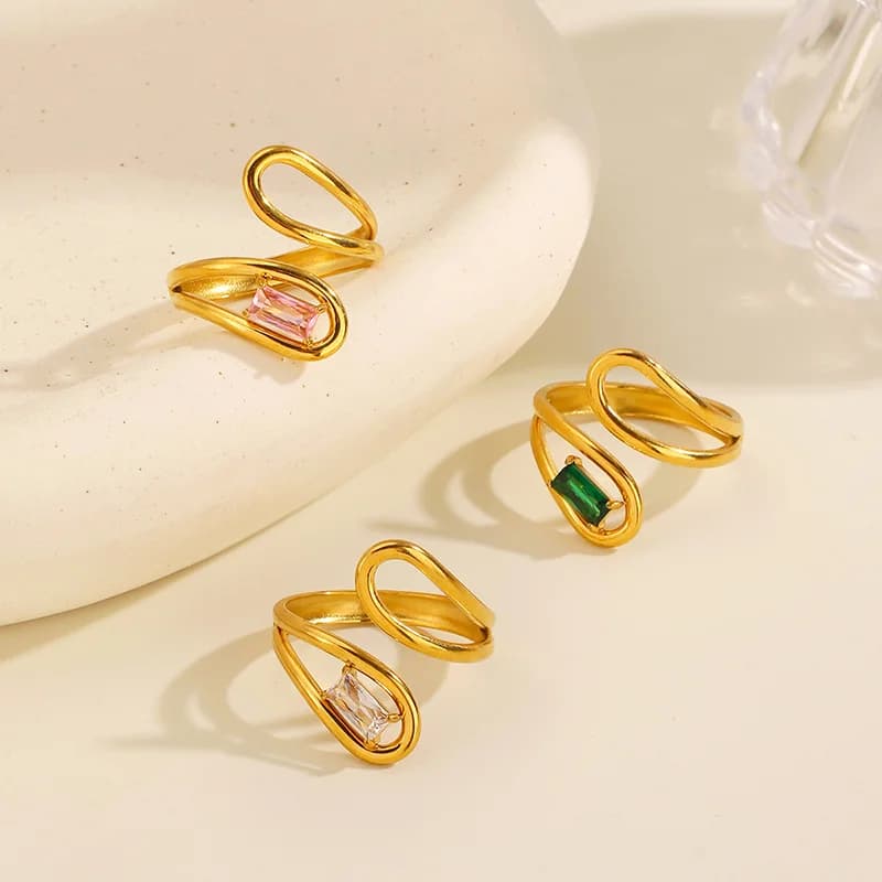 Bague ajustable géométrique en verre zircons, plaquée or 18K