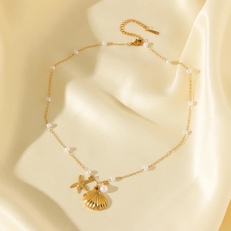 Collier Pendentif Acier Inoxydable Soleil Étoile de Mer Coquillage