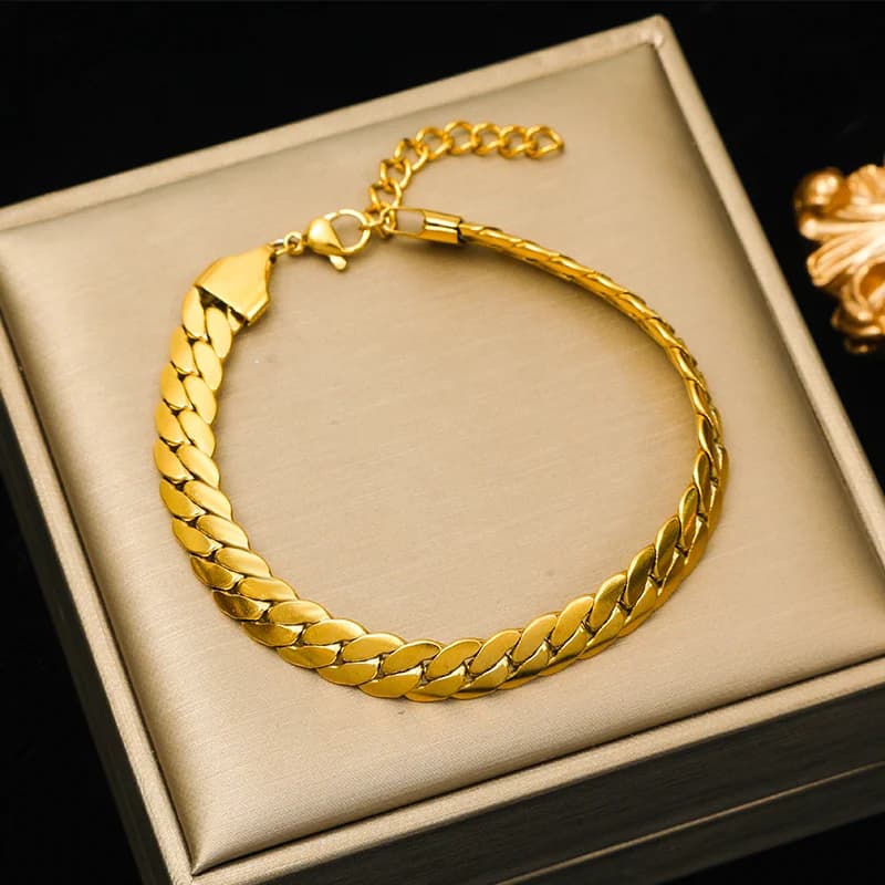 Ensemble Collier et Bracelet à Chaîne Plate Large Dorée