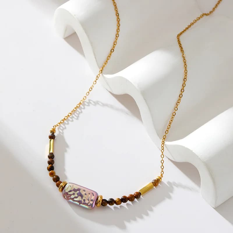 Collier pendentif en acier inoxydable avec pierre brune