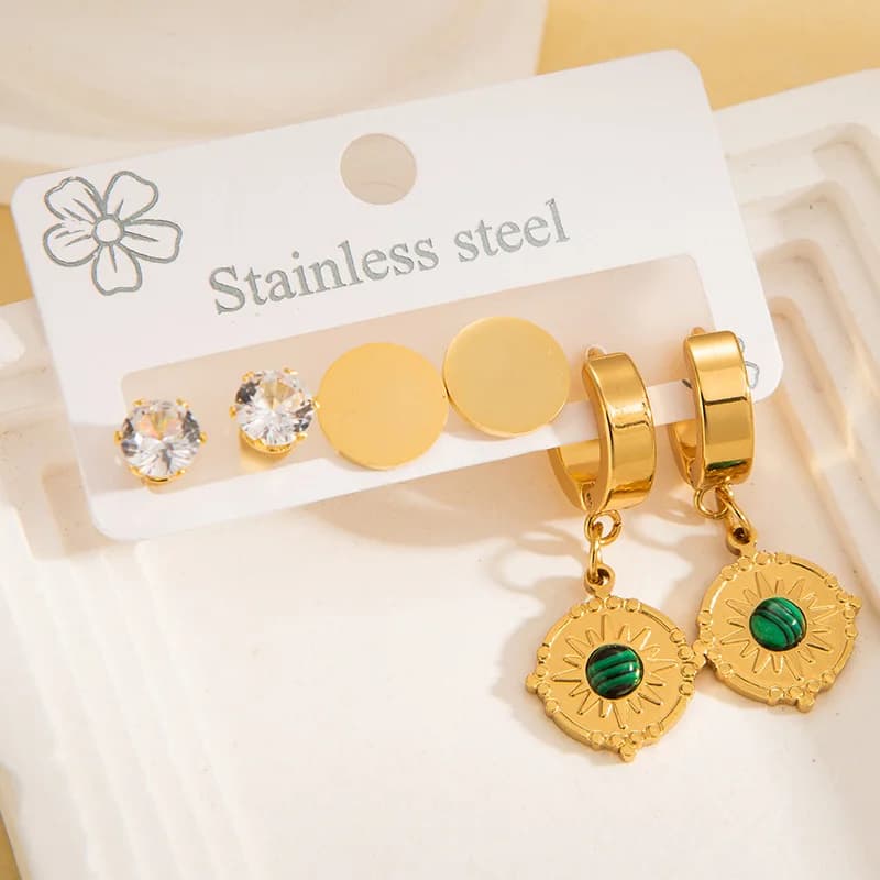 Lot de 3 Paires de Boucles d'Oreilles Pendantes Vintage en Pierre Verte