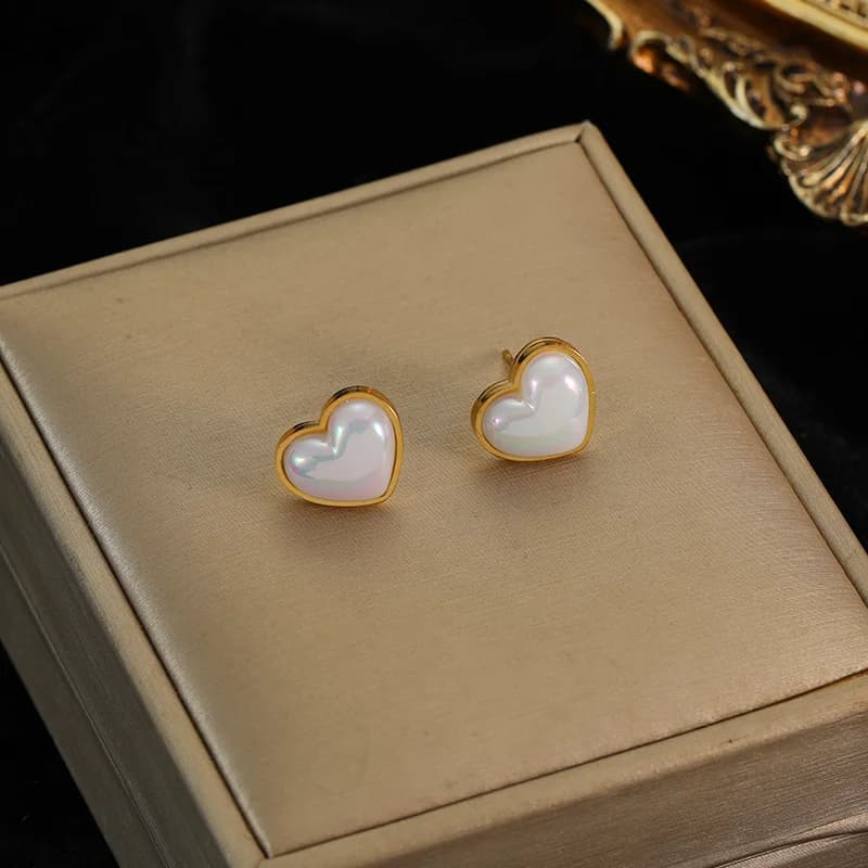 Boucles d'oreilles puces Perle en forme de Cœur, Acier Inoxydable