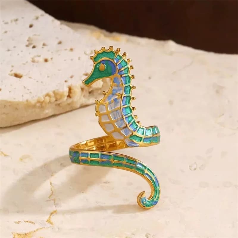 Bague Réglable Ouverte Hippocampe Émaillé