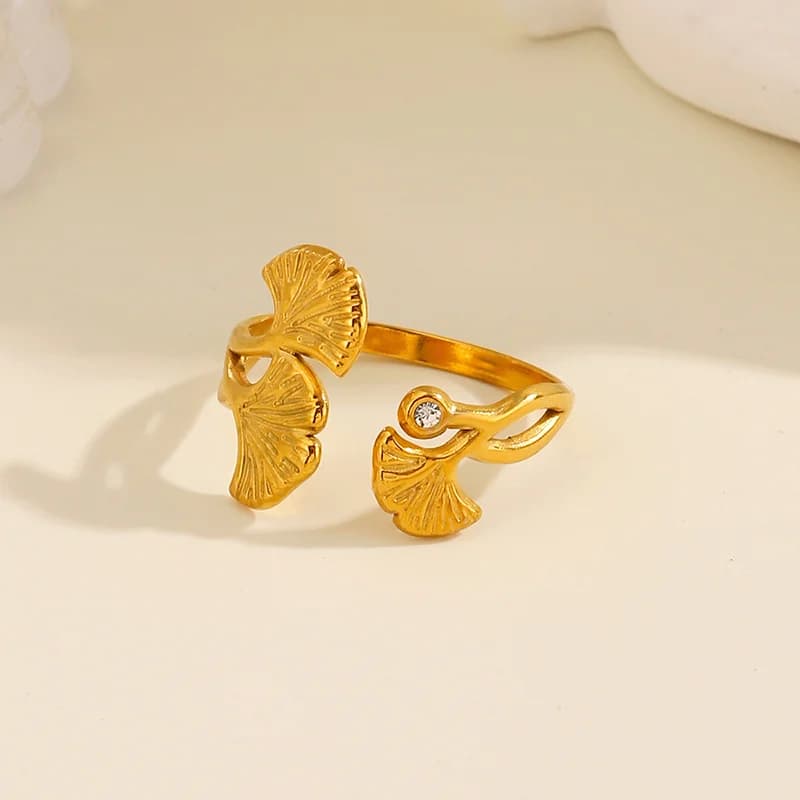 Bague ajustable Feuille de Ginkgo et Zircons, Acier inoxydable