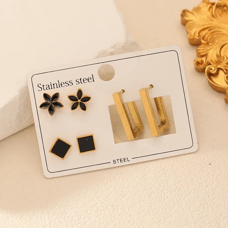 Set de 3 Paires de Boucles d'Oreilles Puces Créoles Géométriques à Fleurs Noires