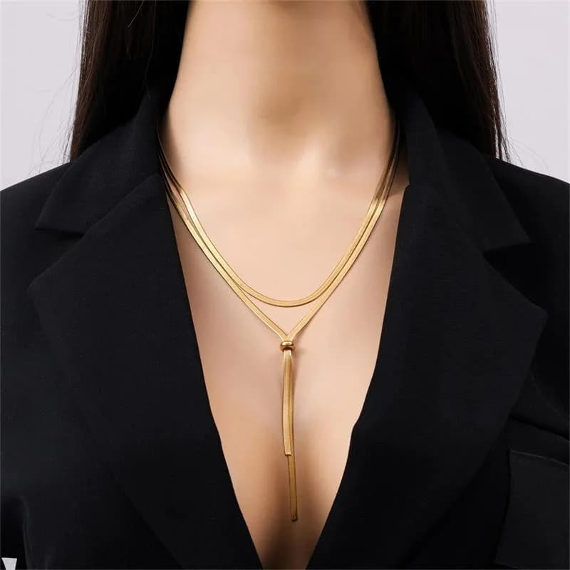 Collier long chaîne serpent avec pampille couleur or en acier inoxydable 316L