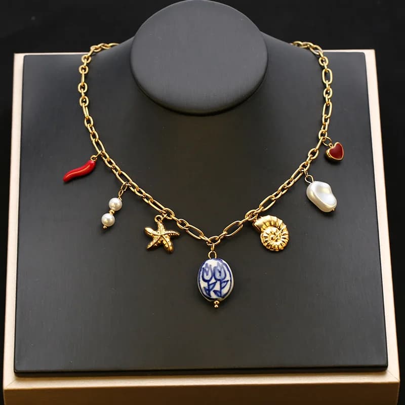 Collier pendentif étoile de mer et coquillage, style océan