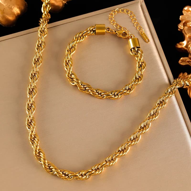 Parure collier et bracelet chaîne torsadée épaisse 8 mm