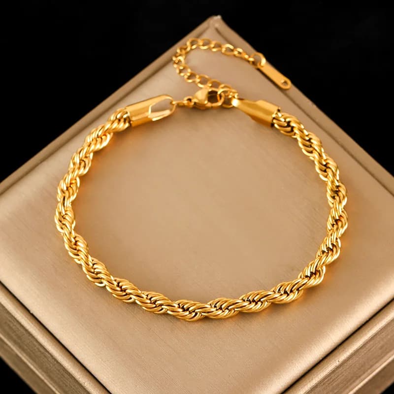 Bracelet chaîne torsadée à perles, plaqué or