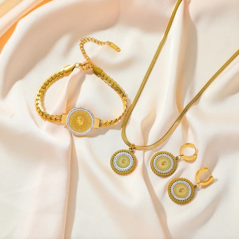 Parure Collier, Bracelet et Boucles d'Oreilles Portrait de Pièce en Zircon