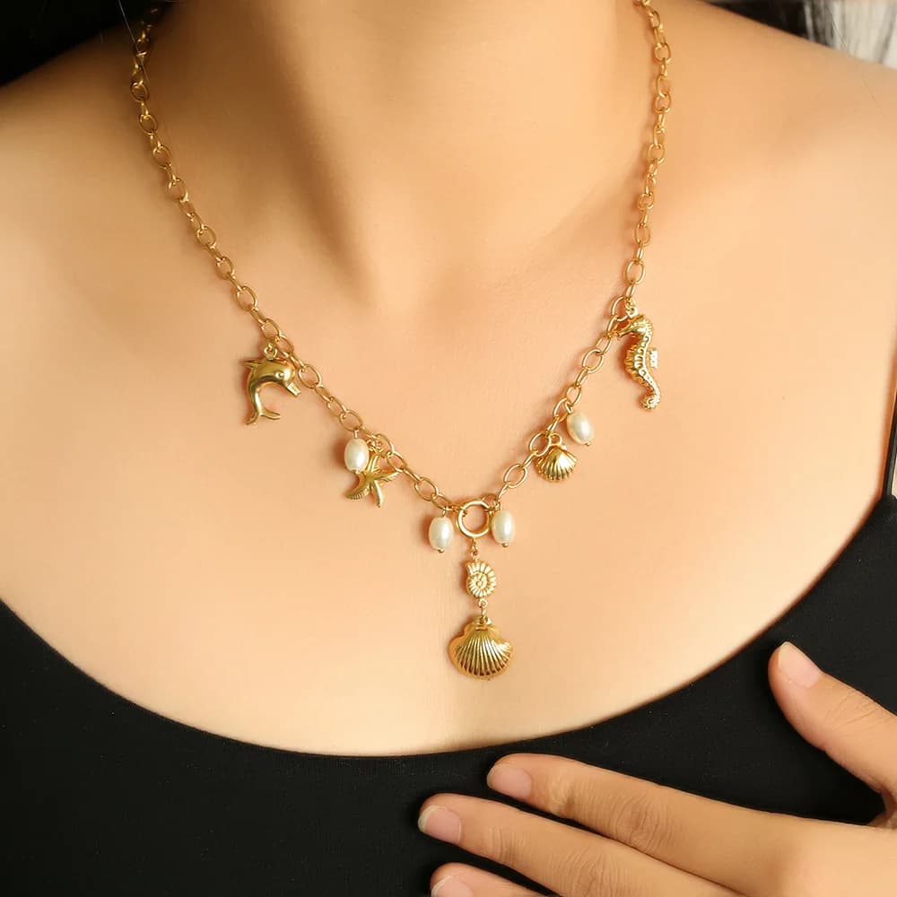 Collier pendentif coquillage océan en acier inoxydable