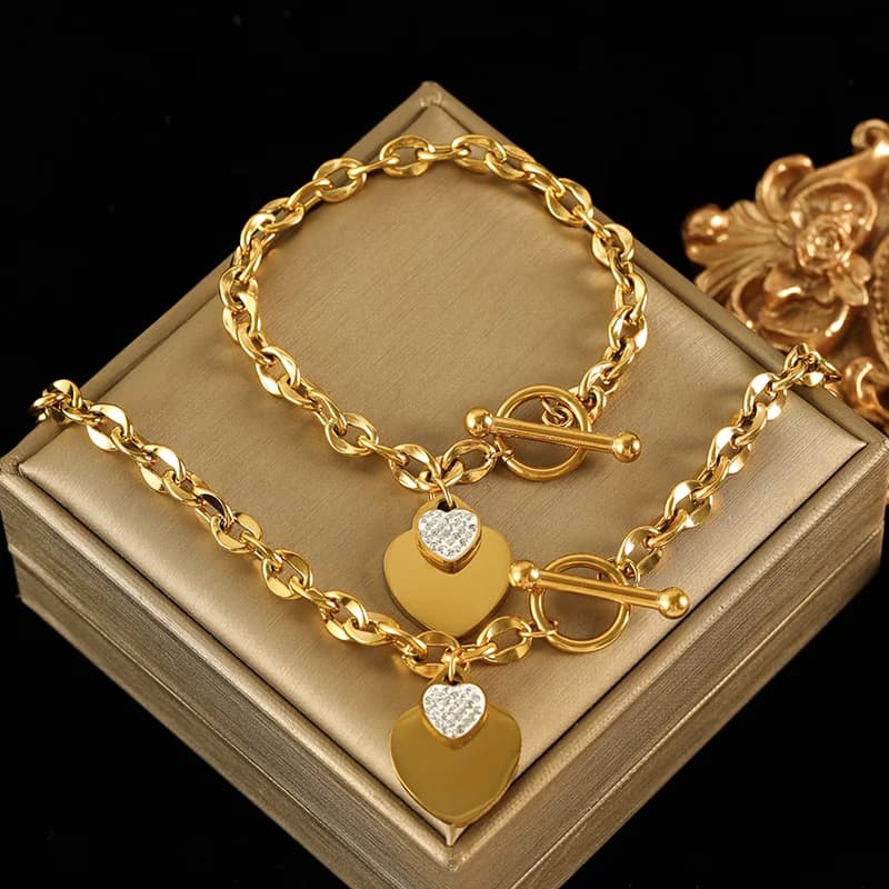 Parure collier et bracelet double cœur, argent
