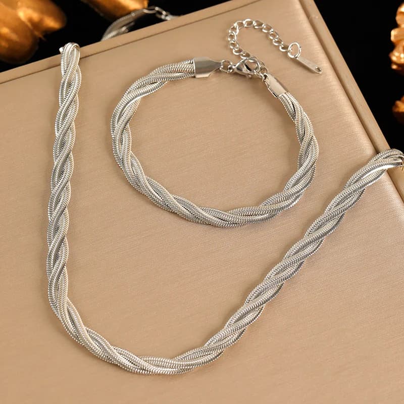 Parure Collier et Bracelet Chaîne Tressée Croisée