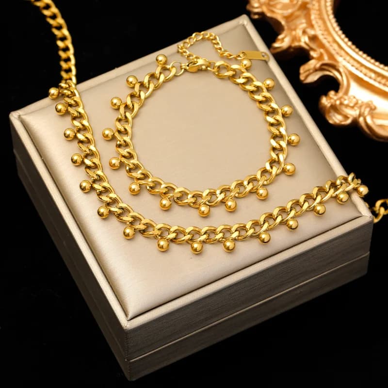 Parure Collier Ras-de-cou et Bracelet à Chaîne Épaisse, Or