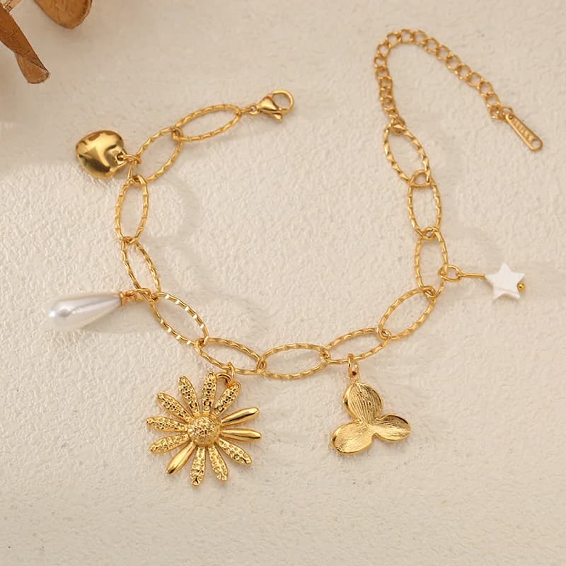 Bracelet chevron perles et fleurs, plaqué or 18K