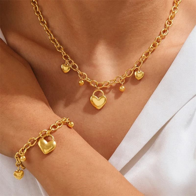 Parure Collier et Bracelet Coeur Perle Plaqué Or