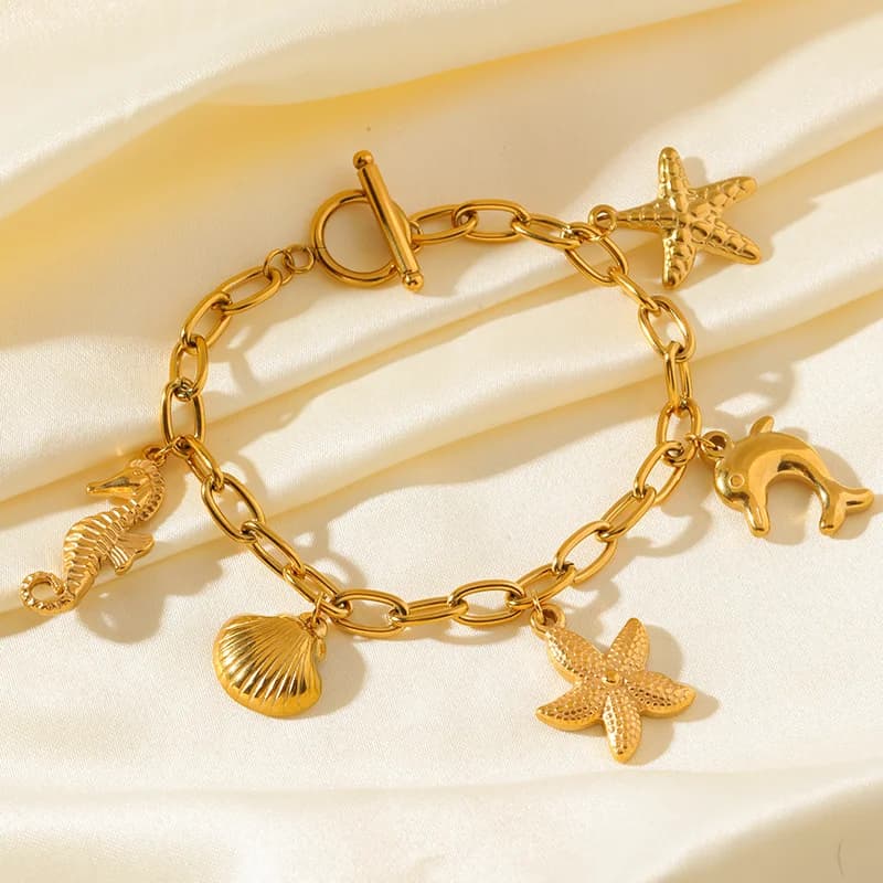 Bracelet chaîne maille avec charms Étoile de Mer et Coquillage en Acier Inoxydable