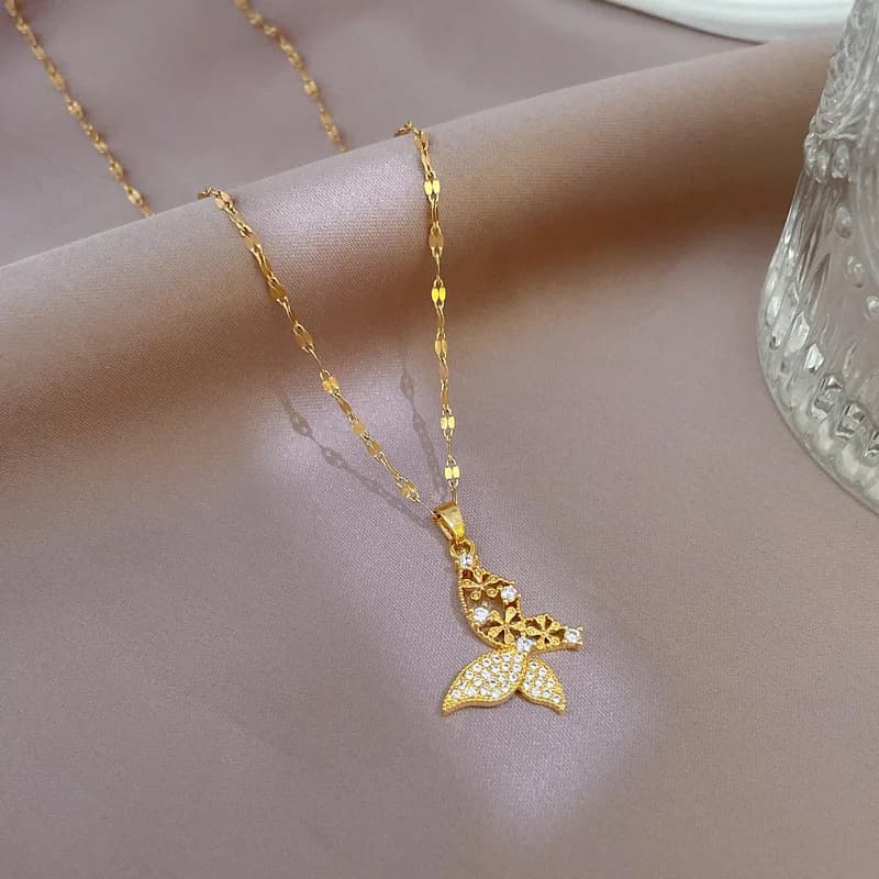 Collier papillon en acier inoxydable 316L, couleur or, avec zircons cubiques