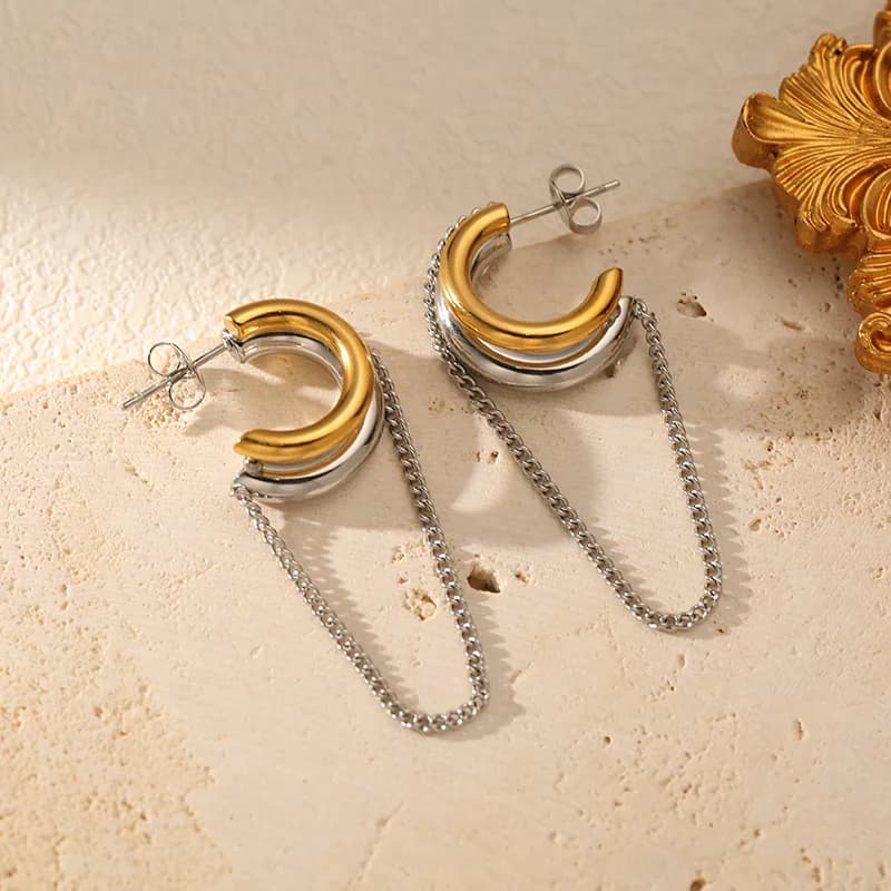 Boucles d'oreilles pendantes C géométriques avec glands, plaquées or 18K