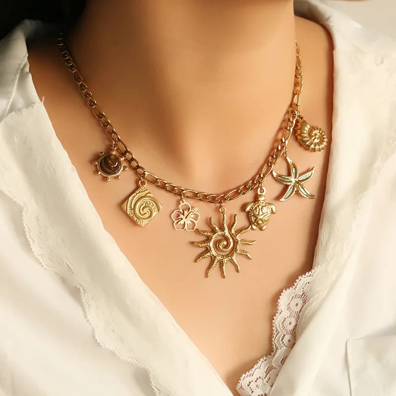 Collier pendentif tortue fleur soleil en acier inoxydable doré
