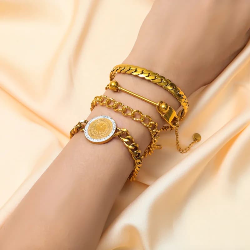 Ensemble Collier et Bracelet à Chaîne Plate Large Dorée